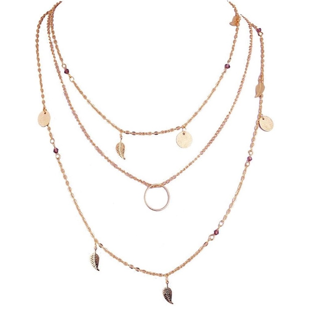 Gold Tone Multi 3 Chain Layered Necklace with Circle, Leaf Charms, Brown Beads